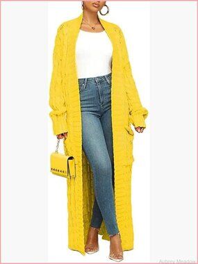Women's Long Cardigan Open Front Chunky Cable Knit Duster with Pockets